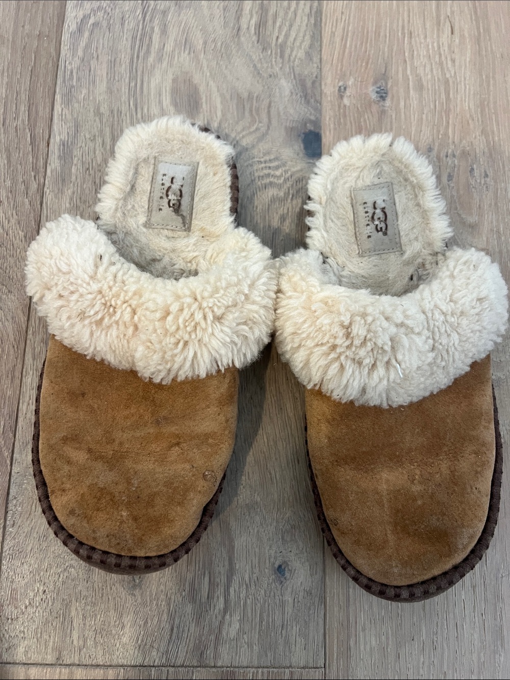 UGG Chestnut Suede Slippers with Cream Shearling Collar size 8 women’s.